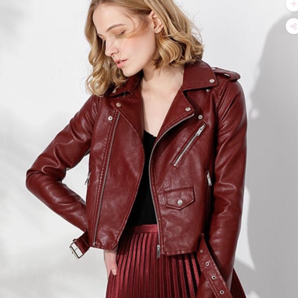 Burgundy Faux Leather Moto Jacket